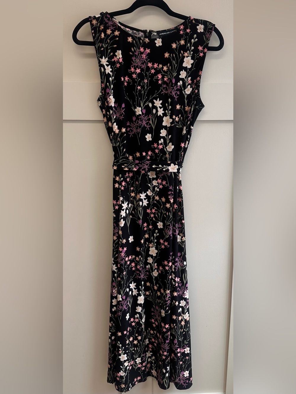 American Living Black Midi Dress with Pink, Cream & Purple Floral Print